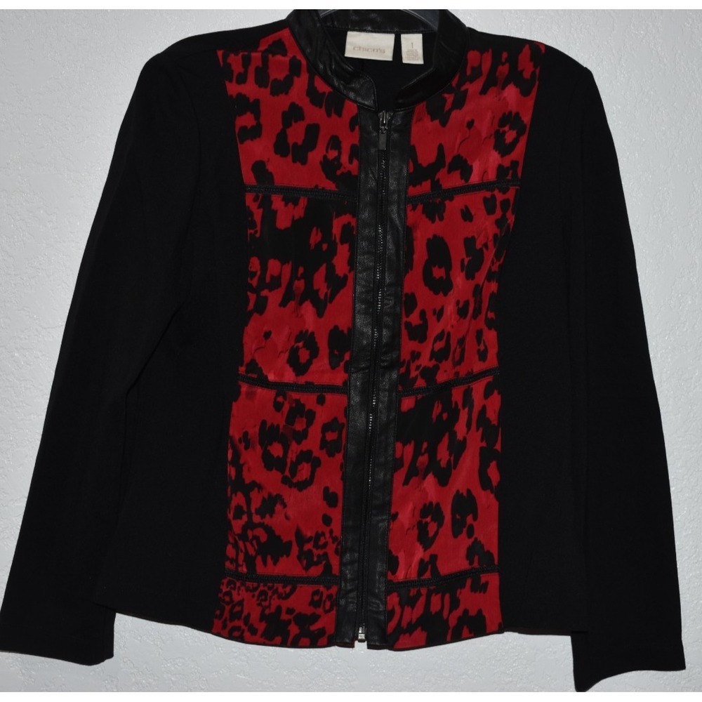 Chicos 1/M Jacket‎ Blazer Full Zip Long Slv Stretch Faux Leather Trim Red/Black